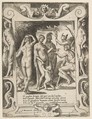The judgment of Paris, set within an elaborate frame, from "Loves, Rages and Jealousies of Juno"
, Giulio Bonasone  Italian, Engraving