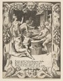 Vulcan, Neptune, Athena and other Gods making Shackles to pull Jupiter from the Heavens, set within an elaborate frame, from "Loves, Rages and Jealousies of Juno", Giulio Bonasone Italian, Engraving