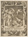 A vulture eating the innards of Titius, Cupid above two women to the left, set within and elaborate frame, from "Loves, Rages and Jealousies of Juno"
, Giulio Bonasone Italian, Engraving