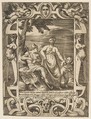 Jupiter at left in the form of a shepherd accompanied by Mnemosyne, set within an elaborate cartouche, from "Loves, Rages and Jealousies of Juno"
, Giulio Bonasone Italian, Engraving