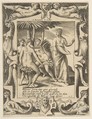 Juno at the right turning and speaking to the Fates, set within an elaborate frame, from "Loves, Rages and Jealousies of Juno", Giulio Bonasone  Italian, Engraving