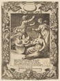 The infant Hercules killing the snakes, set within an elaborate frame, from "Loves, Rages and Jealousies of Juno", Giulio Bonasone  Italian, Engraving