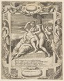 Ixion embracing a cloud, thinking it is Juno, Cupid at the right, set within an elaborate frame, from "Loves, Rages and Jealousies of Juno"
, Giulio Bonasone  Italian, Engraving