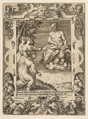 Juno at left asks Jupiter to help the Greeks, set within an elaborate frame, from "Loves, Rages and Jealousies of Juno", Giulio Bonasone Italian, Engraving