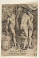Bacchus at left giving grapes to women, from "The Loves of the Gods", Giulio Bonasone  Italian, Engraving