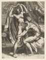 Two lovers, a man pulling a woman toward a bed, from "The Loves of the Gods", Giulio Bonasone  Italian, Engraving