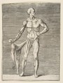 Man seen from the Front, holding the Skin of his right Arm and Leg in his right Hand, Giulio Bonasone  Italian, Engraving