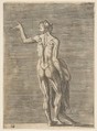 Flayed man with left hand on hip, holding skin in right hand, Giulio Bonasone Italian, Engraving