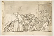 Domestic Scene, Anonymous, French, 19th century French, Pen and ink, wash, and black crayon