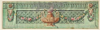 Ornamental Panel with Flaming Lamp and Floral Swags, Anonymous, French, 19th century French, Watercolor on vellum