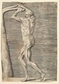 Flayed man arms raised holding the branch of a tree, Giulio Bonasone  Italian, Engraving