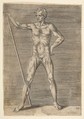 Flayed man seen from in front, holding a stick, Giulio Bonasone  Italian, Engraving