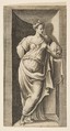A muse standing in a niche, left arm resting in a ledge, Giulio Bonasone Italian, Engraving