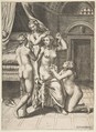 The toilet of Psyche who is seated in the centre being attended to, Giulio Bonasone  Italian, Engraving