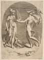 Mercury presenting a panpipe to Minerva who stands at left, an oval composition, Giulio Bonasone Italian, Engraving