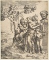 Pan at the left seated next to a standing nymph, to the right Cupid holding cymbals, Giulio Bonasone  Italian, Engraving