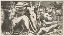 ornamental Frieze with two Putti and a Monster, Giulio Bonasone Italian, Engraving