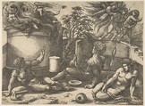 Cain holding a mirror watching his sacrifice engulfed in flames, Adam and Eve seated nearby; in the upper right an angel expelling them from Paradise, Agostino Veneziano (Agostino dei Musi) Italian, Engraving