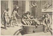 Men and women bathing, some embracing, Giulio Bonasone Italian, Engraving