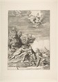 Calypso trying to detain Ulysses as a child prepares his armour at right and Mercury falls from the sky, Giulio Bonasone  Italian, Engraving