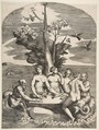 Two sea gods accompanied by four nymphs, Giulio Bonasone Italian, Engraving
