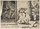 Judith passing the head of Holofernes to her maidservant, the decapitated Holofernes inside the tent at left, Giulio Bonasone Italian, Engraving