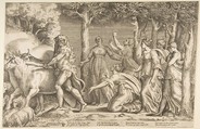 Hercules driving off the cattle of Geryon, at the right are the nymphs of Hesperides, Giulio Bonasone Italian, Engraving and etching