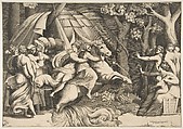 Cloelia on horseback crossing the Tiber, Giulio Bonasone  Italian, Engraving
