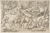Mars and Rhea Silvia: in the centre Mars holds a shield and sword, Rhea Silvia sleeping, Apollo in his chariot upper left, Giulio Bonasone Italian, Engraving