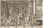 The birth of Saint John the Baptist set within a classical building, Giulio Bonasone Italian, Engraving