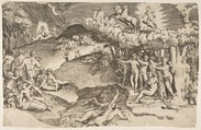 The triumph of love, cupid riding a chariot drawn by unicorn is in the upper right, naked figures fill the composition; a proof impression, Giulio Bonasone  Italian, Engraving