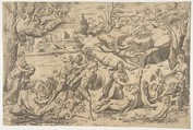 Mars and Rhea Silvia: in the centre Mars holds a shield and sword, Rhea Silvia sleeping, Apollo in his chariot upper left, Giulio Bonasone Italian, Engraving