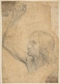 Youth with Right Arm Raised in a Shoulder-Length Portrayal (preparatory study for St. Sebastian), Timoteo Viti (Italian, Urbino 1469–1523 Urbino), Soft black chalk, or charcoal, on paper now very darkened (to beige color)