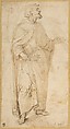 Standing Figure of Saint Peter Holding Book and Keys., Giovanni de' Vecchi (Italian, Borgo Sansepolcro 1536/37–1615 Rome), Pen and two shades of brown ink, brush and pale brown wash, over traces of black chalk