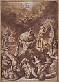 Jupiter Fighting the Giants, Jacopo Zucchi (Italian, Florence ca. 1540–1596 Rome), Pen and brown ink, brush with brown and mauve wash, highlighted with white gouache, over traces of black chalk, on light tan laid paper