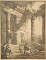 Artist Among Ruins, Antonio Zucchi Italian, Pen and brown ink, brush and brown wash, highlighted with white gouache