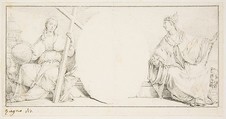 Allegorical Figures of Religion and Venice Flanking an Empty Cartouche, Francesco Zugno (Italian, Venice 1709–1787 Venice), Graphite; framing lines in graphite