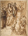 The Virgin and Child with Saint Joseph, Attendant Angels, and a Group of Supplicants, Federico Zuccaro (Zuccari) (Italian, Sant'Angelo in Vado 1540/42–1609 Ancona), Pen and brown ink, brush and brown wash, over traces of red chalk (recto); black chalk sketch of a nude male torso (verso)