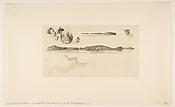 Sketches on the Coast Survey Plate, James McNeill Whistler (American, Lowell, Massachusetts 1834–1903 London), Etching, printed in black ink on a complete sheet of linen-textured ivory laid paper with MBM watermark appearing twice; only state (Glasgow)