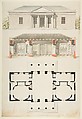 Plan, Elevation, and Section for a Single Story Pavilion, Anonymous, French, 18th century, Pen and black and gray ink, brush and gray, yellow, orange, and green wash