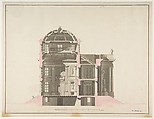Project for a Domed Building with Colonnaded Façade, Anonymous, French, 18th century, Pen and black ink, brush and gray and pink wash; scale in pieds at bottom