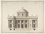Project for a Domed Building with Colonnaded Façade, Anonymous, French, 18th century, Pen and black ink, brush and gray wash; scale in pieds at bottom