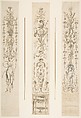 Three Designs for Panels of Arabesques, Anonymous, French, 18th century, Pen and black and brown ink, brush and gray wash, over graphite