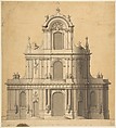 Elevation of West Façade of a Church, Anonymous, French, 18th century, Pen and black ink, brush and gray wash; scale in pieds at bottom