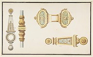 Designs for Door Hardware, Anonymous, French, 18th century, Graphite, pen and gray ink, brush and brown, blue, yellow, gray, and green wash.  Framing lines in pen and black ink.