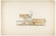 Design for a Buffet, Plant Stand, and Table, Anonymous, French, 19th century  French, Black chalk, pen and black ink,  brush and brown wash