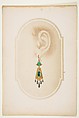Design for an earring with a green scarab, Anonymous, French, 19th century French, Ink and watercolor on cardboard