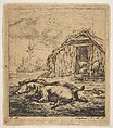 Three Pigs Lying in Front of a Shed, Charles Meryon French, Etching; second, final state