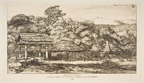 Native Barns and Huts at Akaroa, Banks Peninsula, 1845, from "The Voyage to New Zealand (1842–46)", Charles Meryon French, Etching