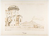 The Castel Nuovo in Naples, with a View of Mount Vesuvius, Joseph Vernet French, Pen and brown ink, brush and brown and gray wash, over black chalk